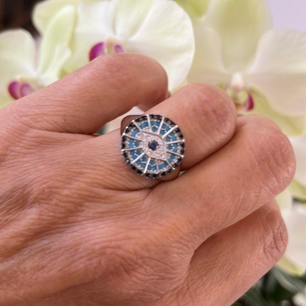 Evil Eye Ring Signet Ring Sterling Silver with clear and Blue stones 7 8 9 10